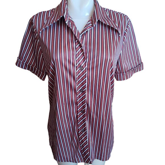 Large Vintage 80's Mom Striped Top Shirt Button-Up Blouse Stretch Polyester - Picture 2 of 7